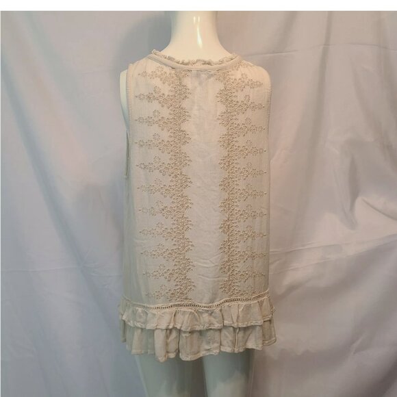 Patrons Of Peace M Top Ivory Boho Embroidered Sleeveless ruffle Vneck tie front - Picture 8 of 8